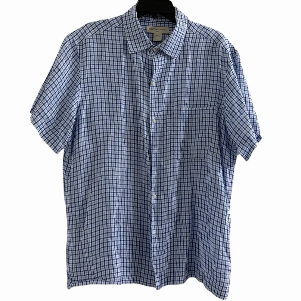 Banana Republic Linen Shirt Mens L Blue Plaid‎ Short Sleeve Summer